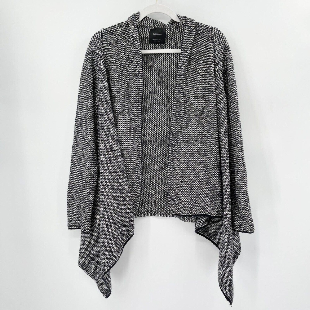 Zara Knit Tweed Waterfall Cardigan Sweater Sz M Black White Open Front‎ Long Slv